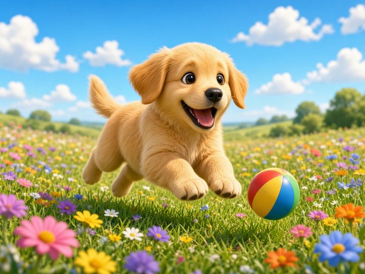 A puppy chasing a ball in a meadow