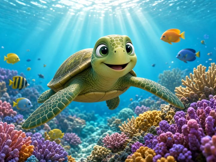 A smiling sea turtle on a coral reef
